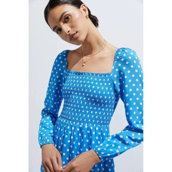 Anthropologie DOLAN Smocked Midi Dress LARGE Blue Polka Dot Rayon Women's